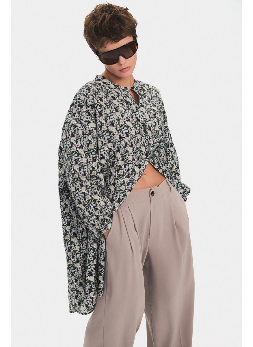 Women's Exclusive Wide Cut Floral Patterned Judge Collar 100% Cotton Shirt Dress