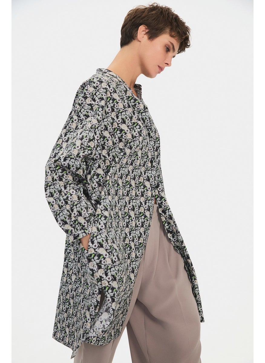 Women's Exclusive Wide Cut Floral Patterned Judge Collar 100% Cotton Shirt Dress