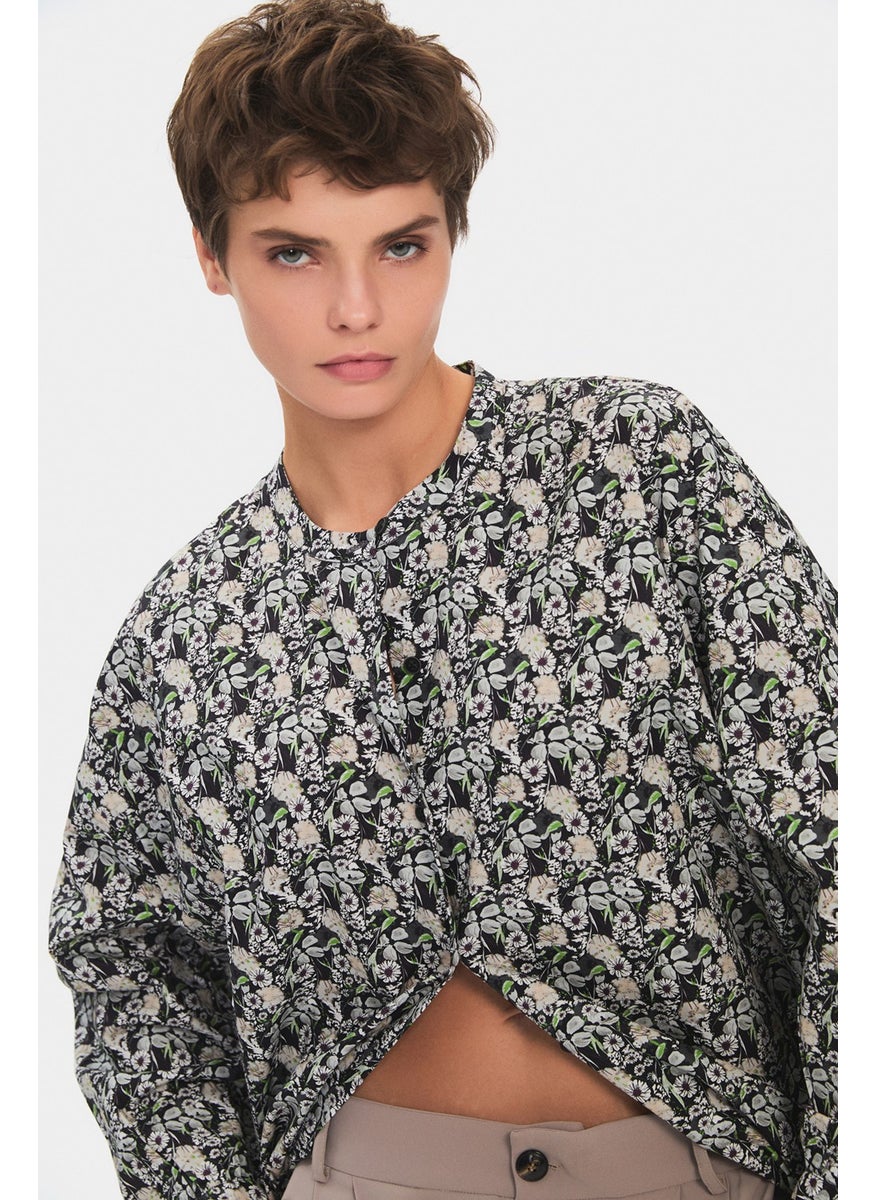Women's Exclusive Wide Cut Floral Patterned Judge Collar 100% Cotton Shirt Dress