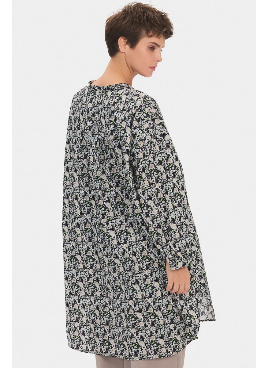 Women's Exclusive Wide Cut Floral Patterned Judge Collar 100% Cotton Shirt Dress