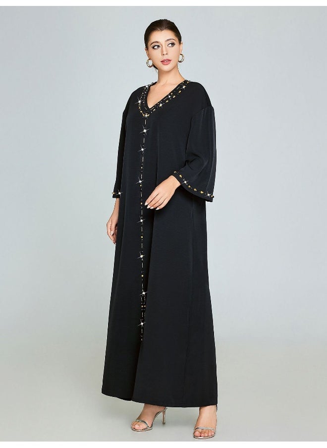 V-Neck Handmade Rhinestone Long Sleeve Robe