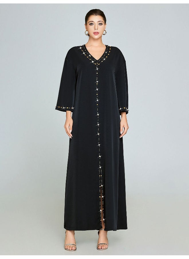 V-Neck Handmade Rhinestone Long Sleeve Robe