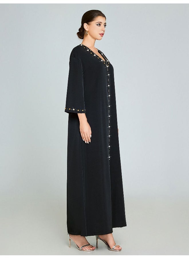 V-Neck Handmade Rhinestone Long Sleeve Robe