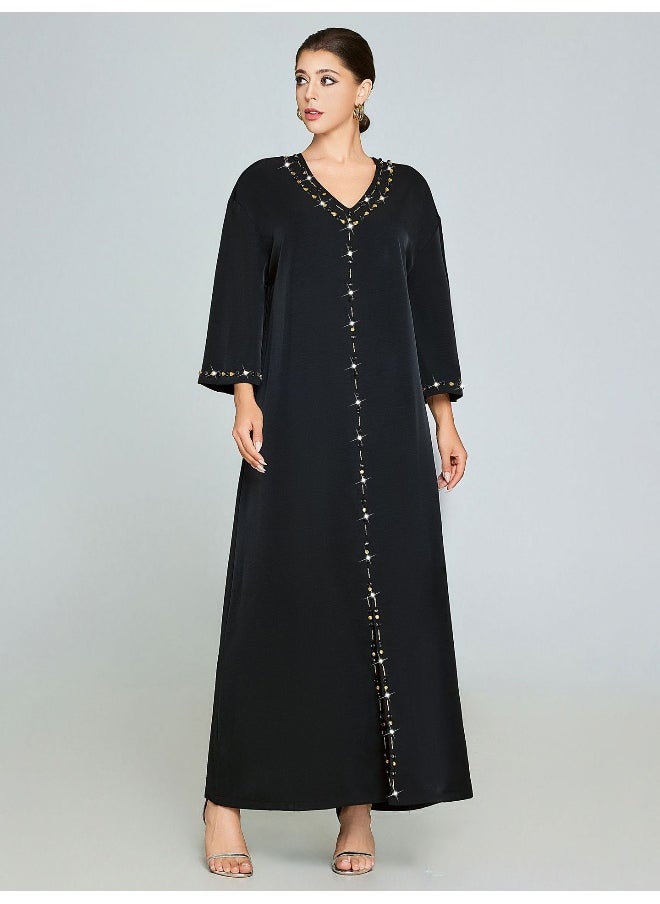 V-Neck Handmade Rhinestone Long Sleeve Robe