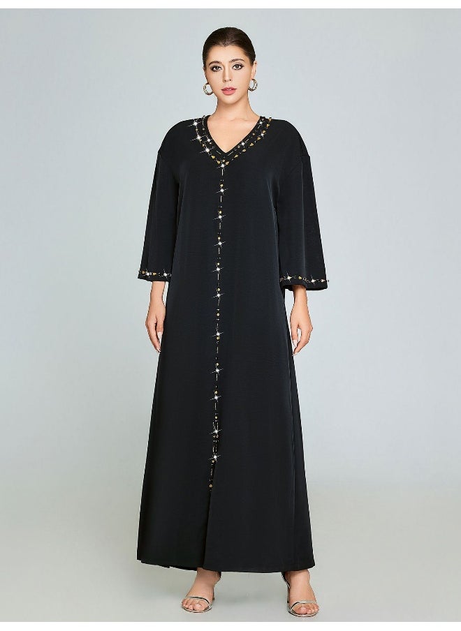 V-Neck Handmade Rhinestone Long Sleeve Robe