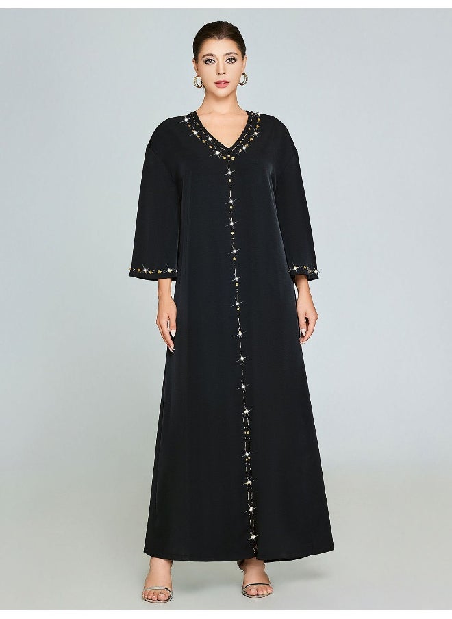 V-Neck Handmade Rhinestone Long Sleeve Robe