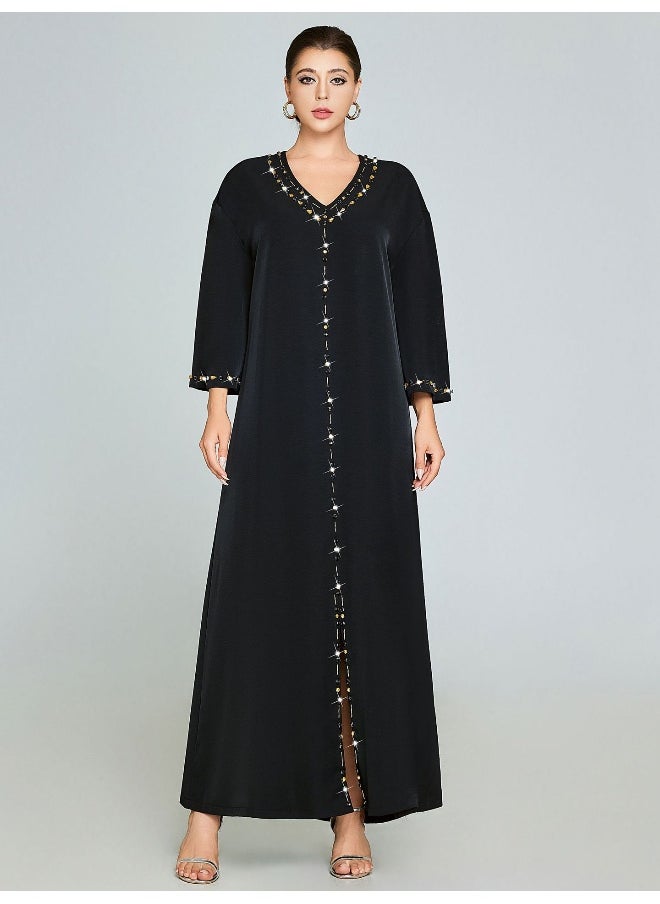 V-Neck Handmade Rhinestone Long Sleeve Robe