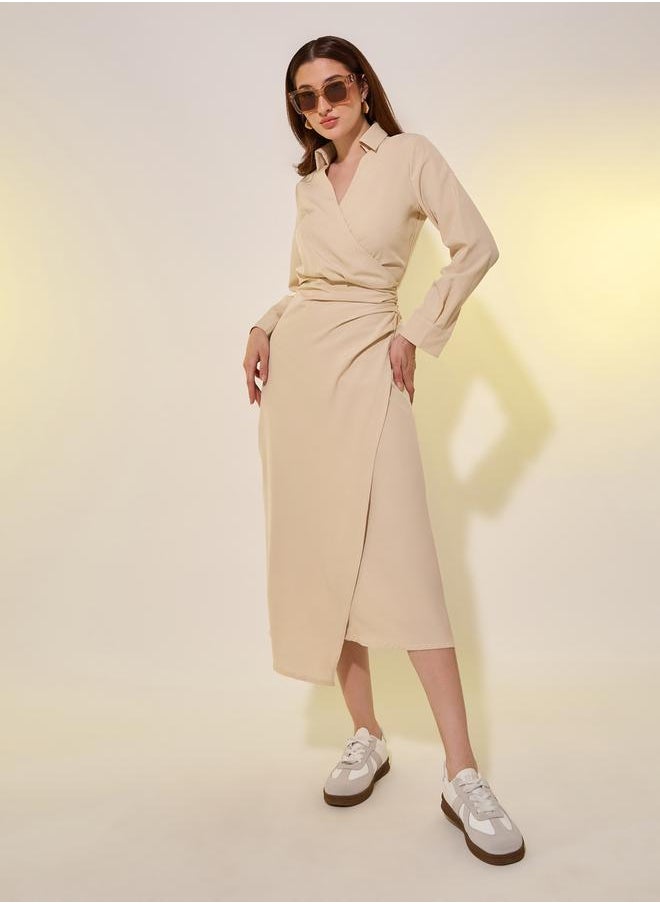 Beige Plain Long Sleeve Wrap Look A-Line Midi Dress