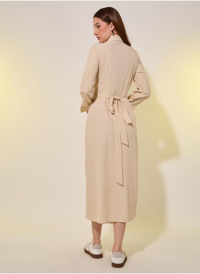 Beige Plain Long Sleeve Wrap Look A-Line Midi Dress