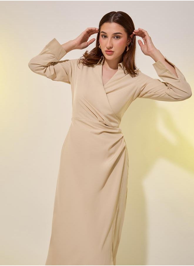 Beige Plain Long Sleeve Wrap Look A-Line Midi Dress