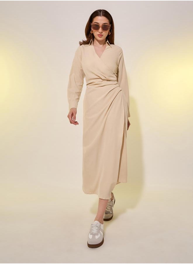 Beige Plain Long Sleeve Wrap Look A-Line Midi Dress