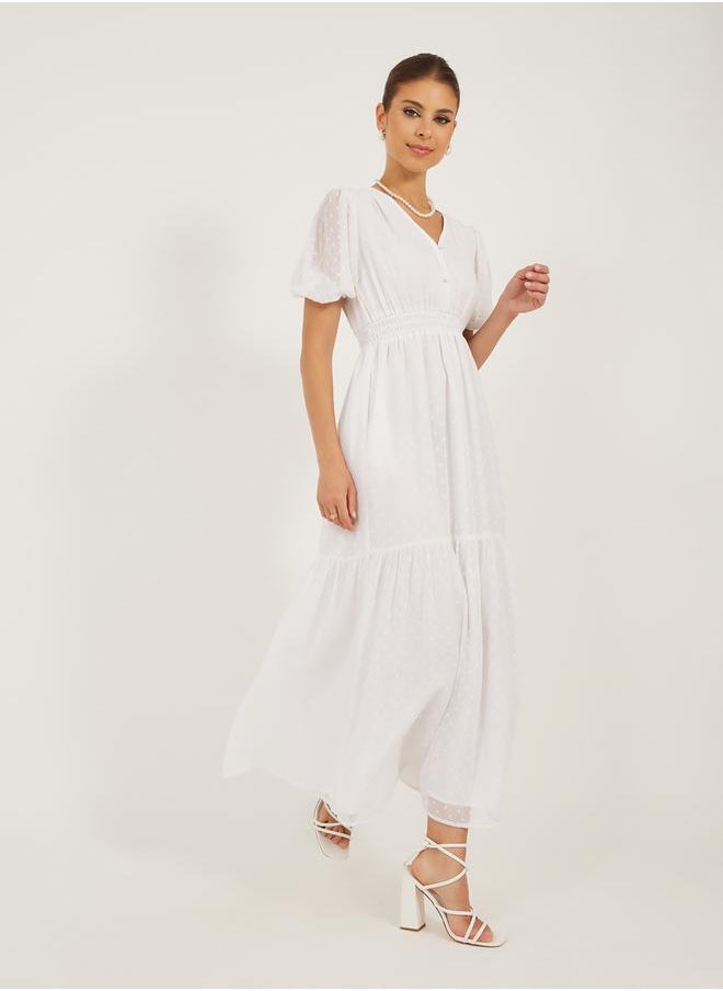 Dobby Design V Neck A-Line Midi Dress