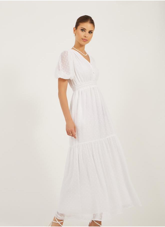 Dobby Design V Neck A-Line Midi Dress
