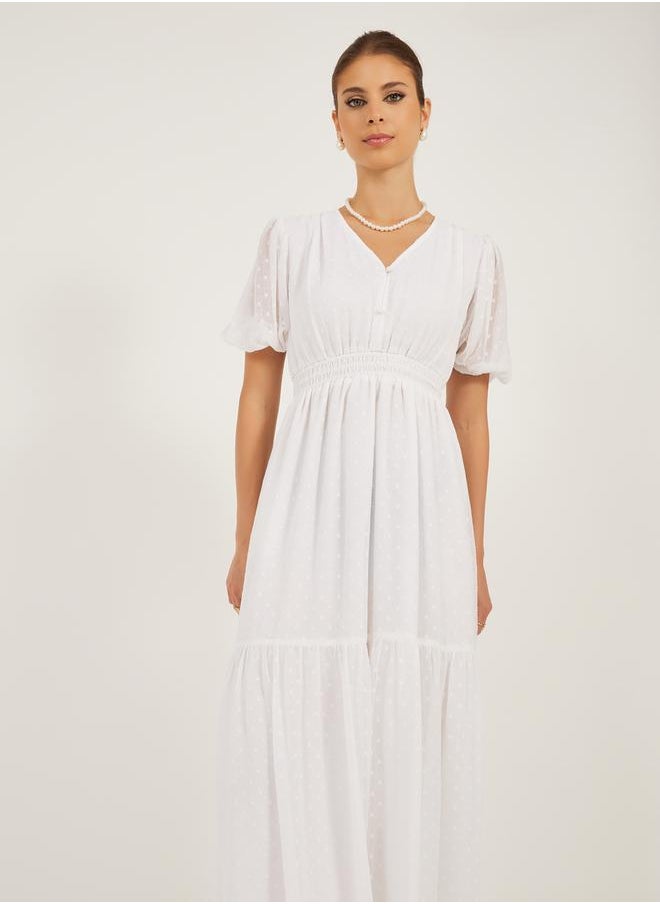 Dobby Design V Neck A-Line Midi Dress