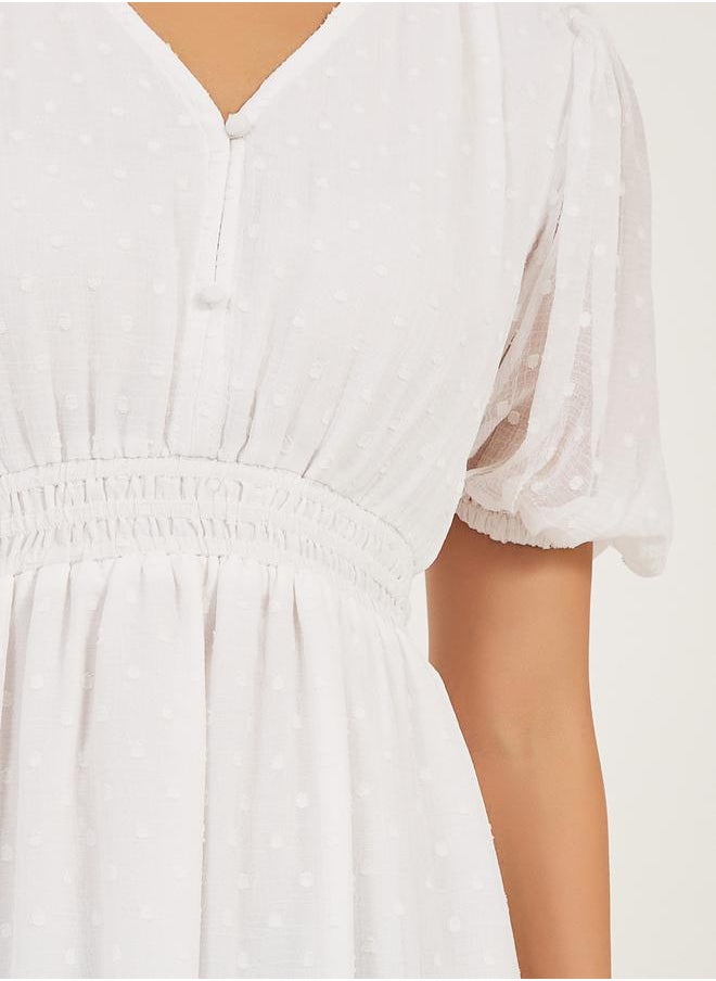 Dobby Design V Neck A-Line Midi Dress