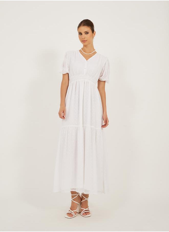 Dobby Design V Neck A-Line Midi Dress