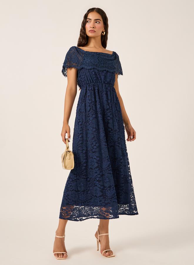 All-Over Lace Square Neck A-Line Midi Dress