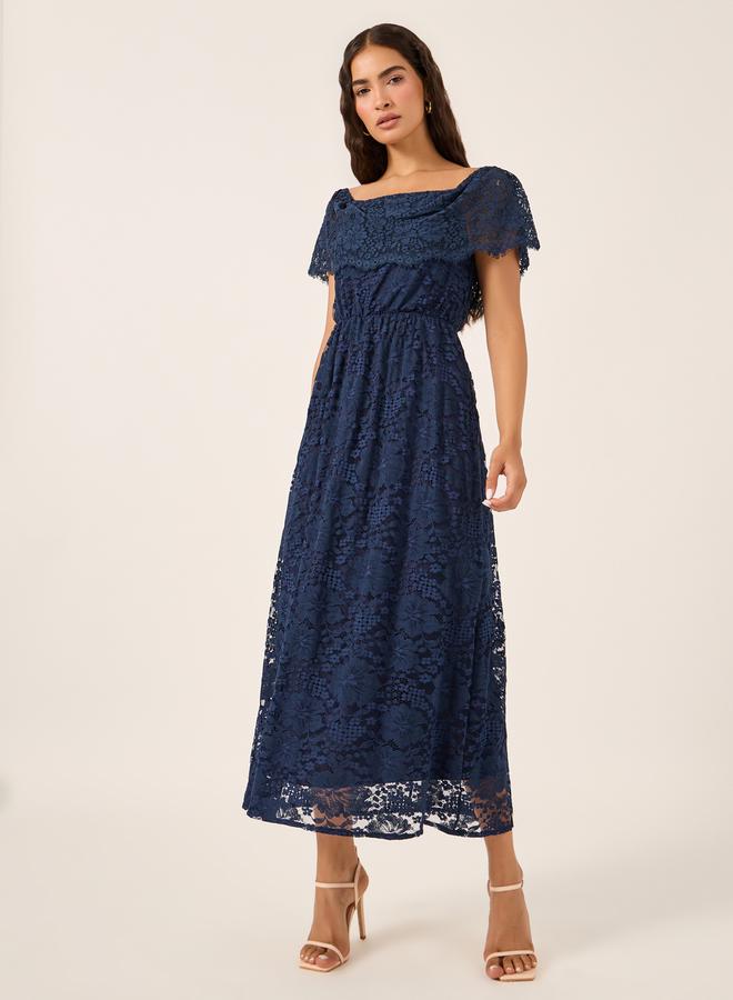 All-Over Lace Square Neck A-Line Midi Dress
