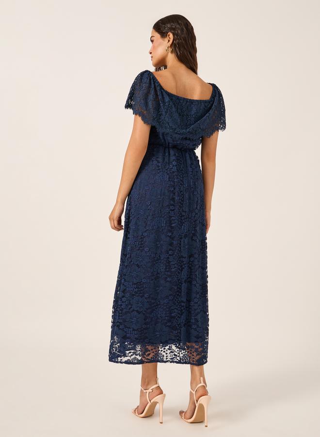 All-Over Lace Square Neck A-Line Midi Dress