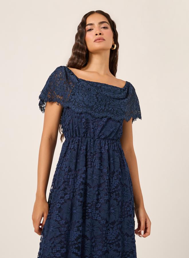 All-Over Lace Square Neck A-Line Midi Dress
