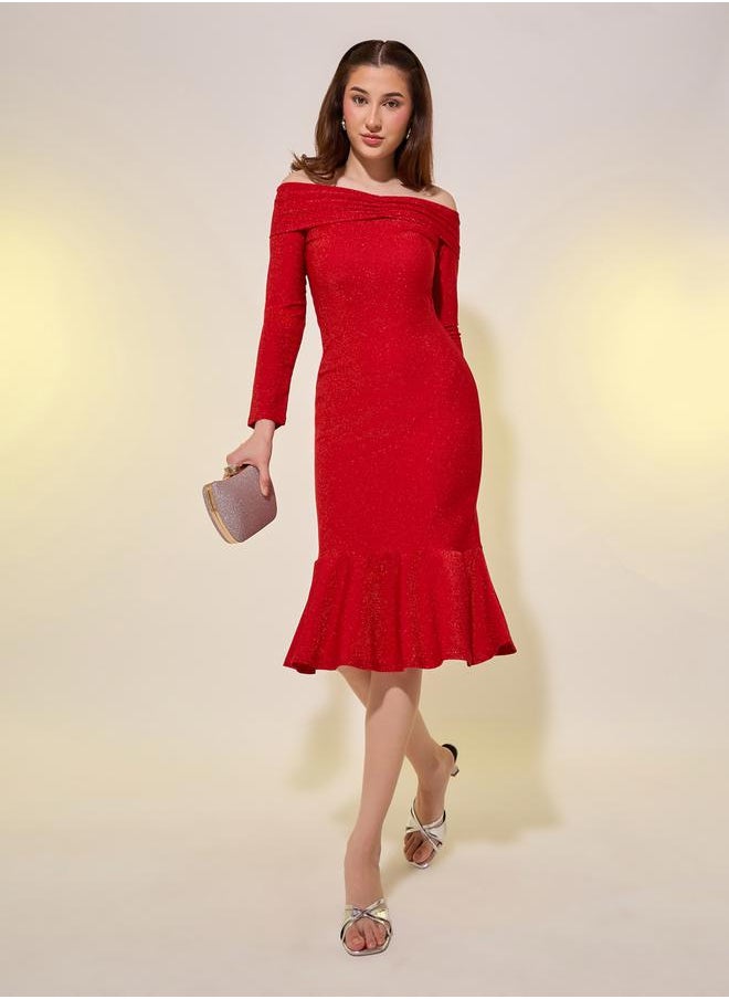 Metallic Design Off Shoulder Mermaid Midi Dress