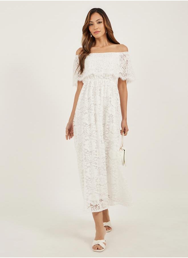 Lace Off Shoulder Neck A-Line Midi Dress with Lining