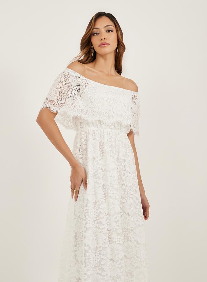 Lace Off Shoulder Neck A-Line Midi Dress with Lining