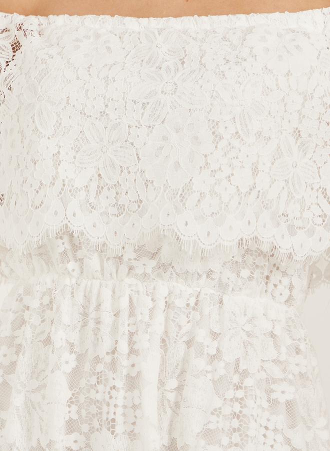 Lace Off Shoulder Neck A-Line Midi Dress with Lining