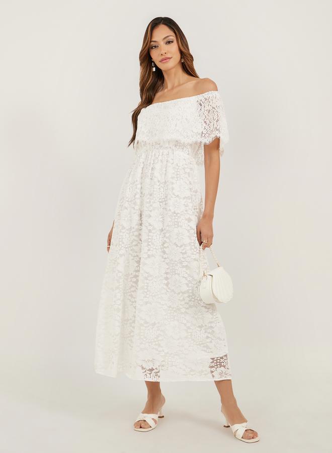 Lace Off Shoulder Neck A-Line Midi Dress with Lining