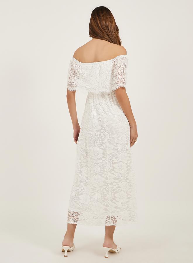 Lace Off Shoulder Neck A-Line Midi Dress with Lining