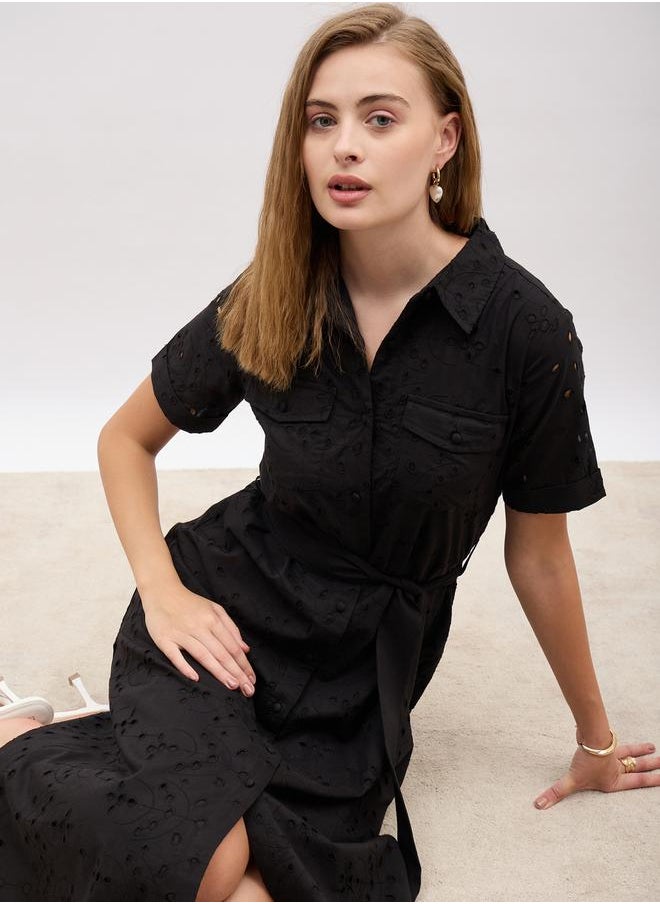 Schiffli Short Sleeve Shirt Midi Dress with Belt Detail