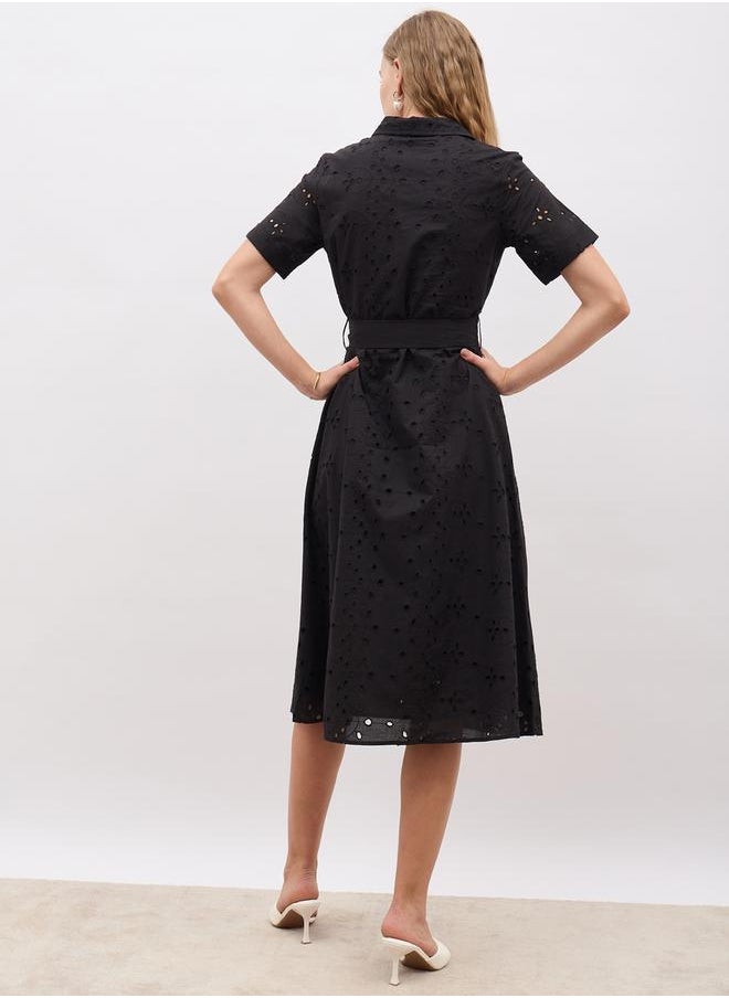 Schiffli Short Sleeve Shirt Midi Dress with Belt Detail