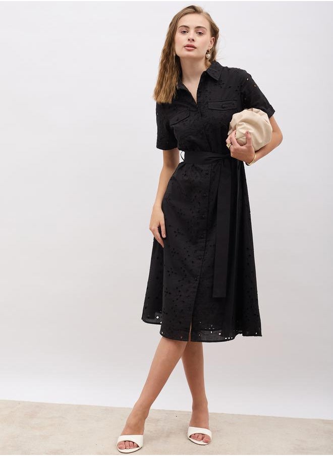Schiffli Short Sleeve Shirt Midi Dress with Belt Detail