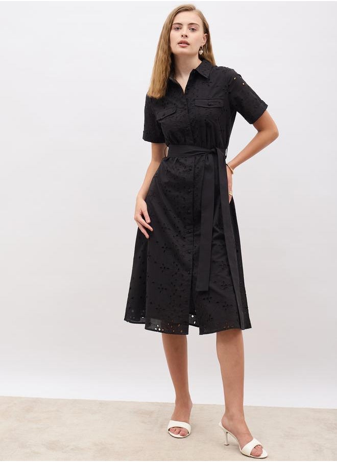 Schiffli Short Sleeve Shirt Midi Dress with Belt Detail