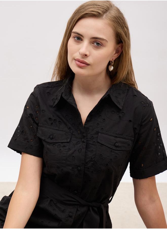 Schiffli Short Sleeve Shirt Midi Dress with Belt Detail
