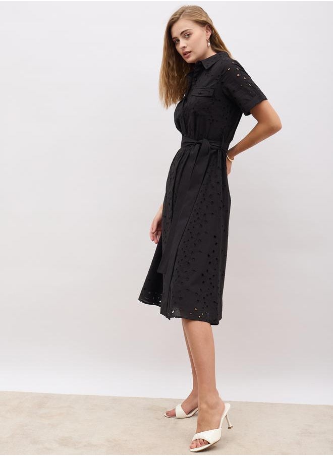 Schiffli Short Sleeve Shirt Midi Dress with Belt Detail