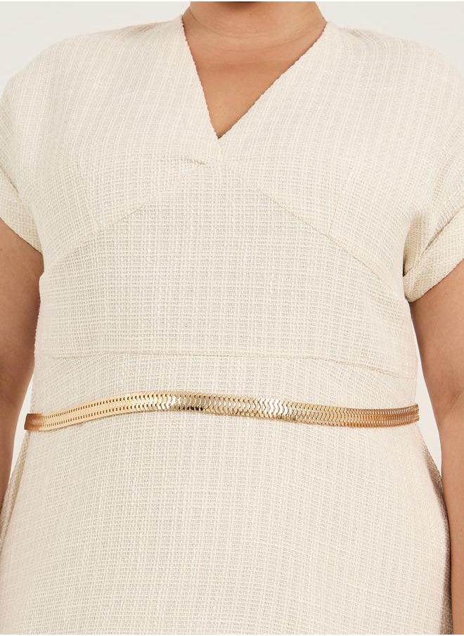Plus Size Short Sleeves A-Line Midi Dress with Chain Belt