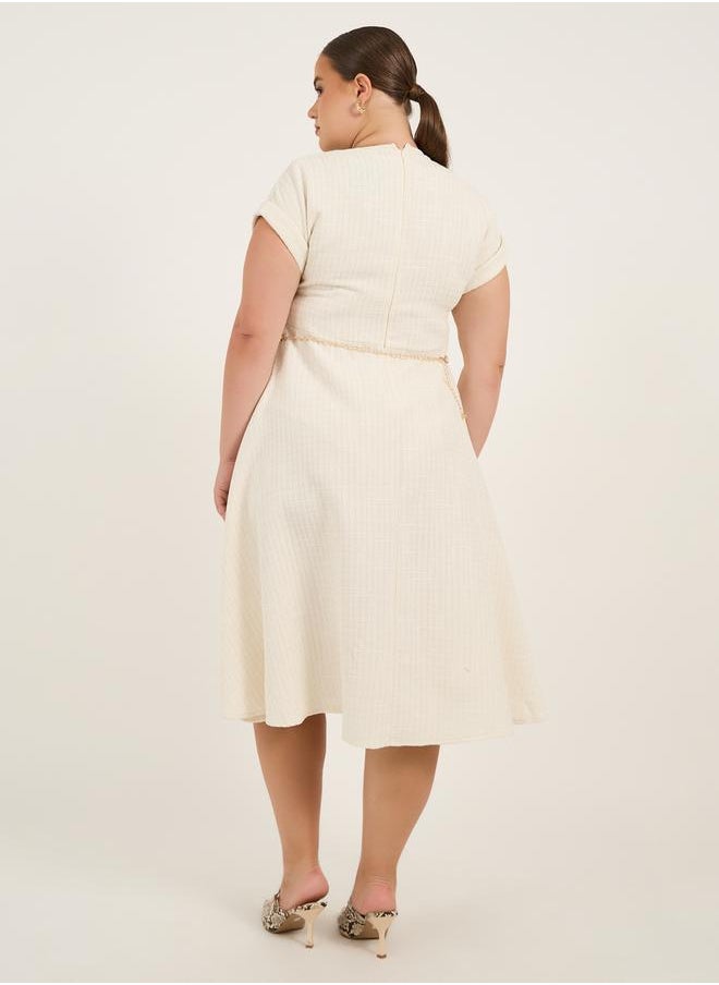 Plus Size Short Sleeves A-Line Midi Dress with Chain Belt