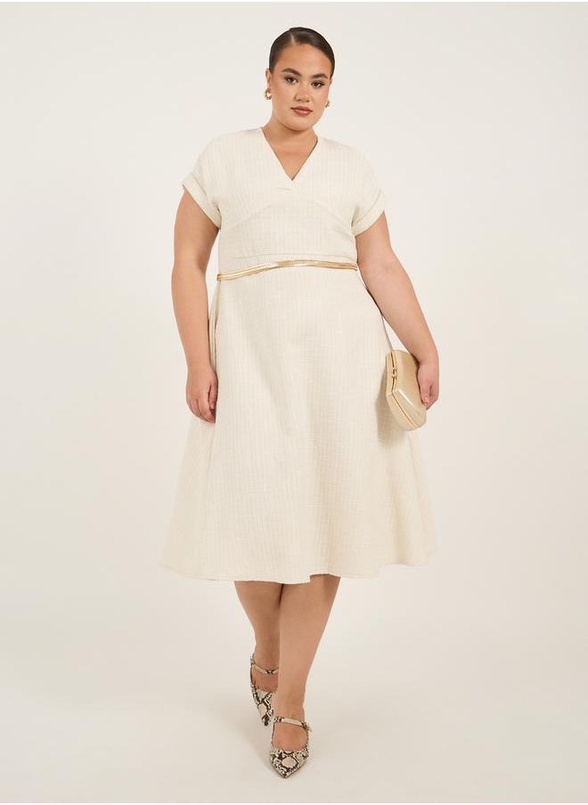 Plus Size Short Sleeves A-Line Midi Dress with Chain Belt