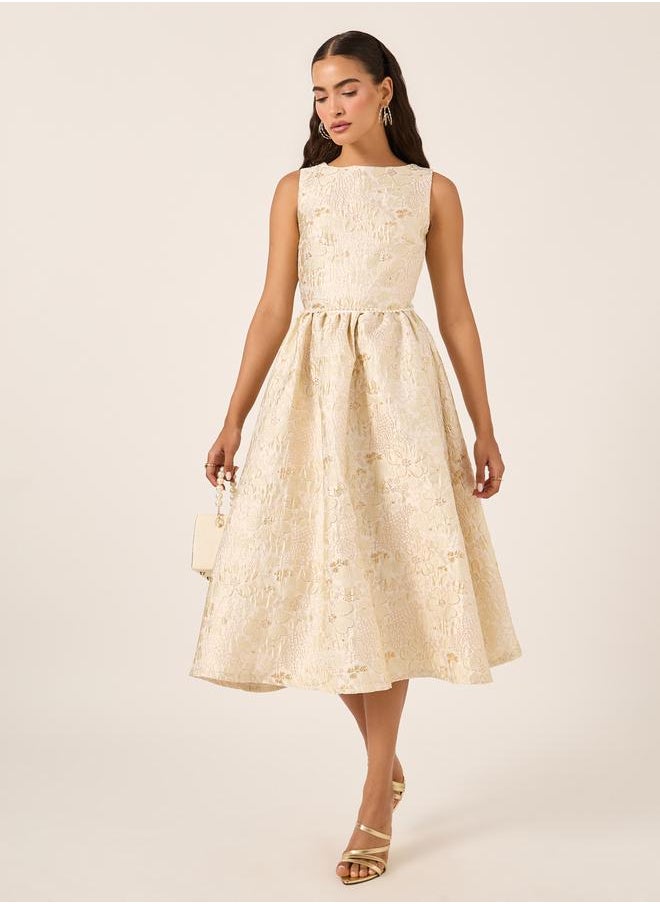 Jacquard Pleated Sleeveless A-Line Midi Dress