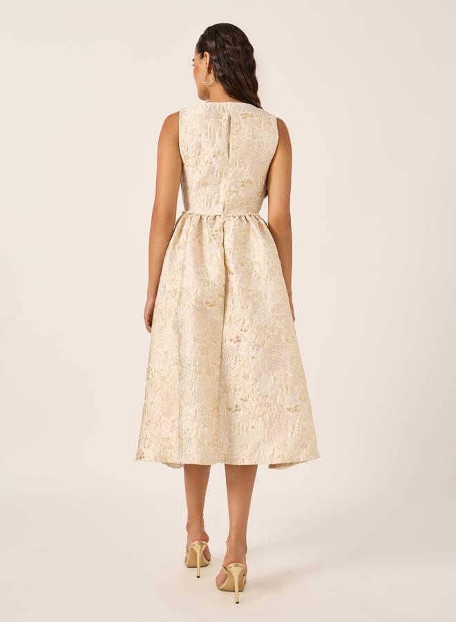 Jacquard Pleated Sleeveless A-Line Midi Dress