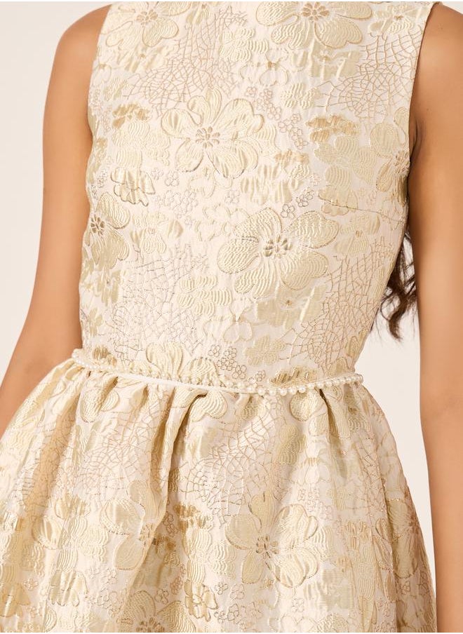 Jacquard Pleated Sleeveless A-Line Midi Dress