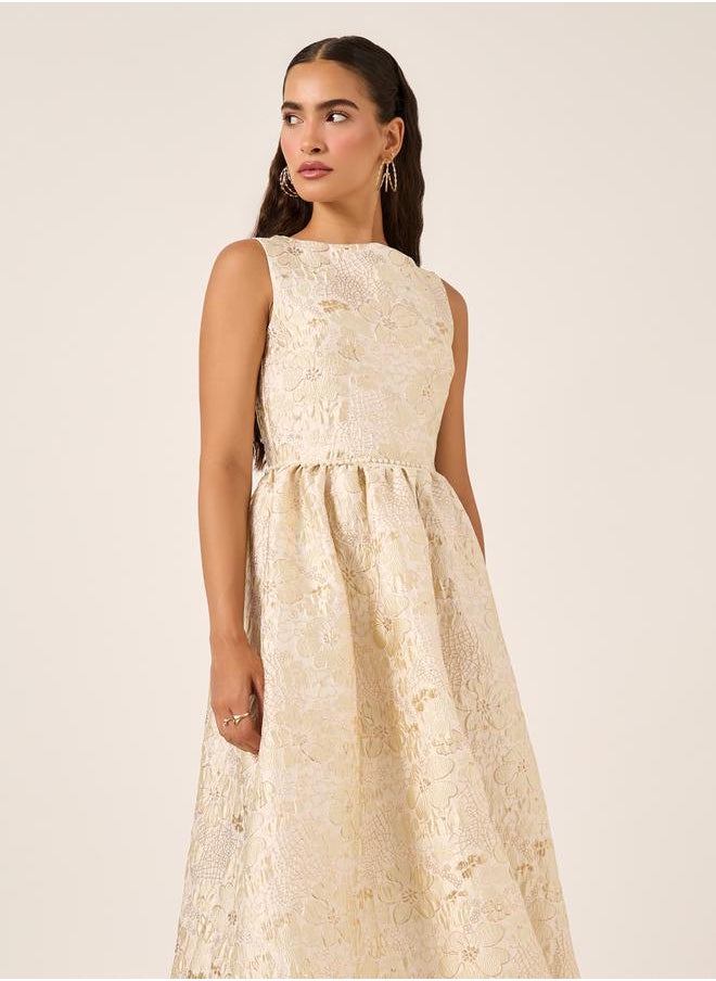 Jacquard Pleated Sleeveless A-Line Midi Dress