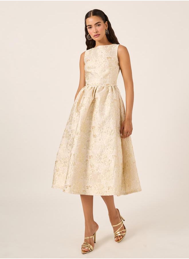 Jacquard Pleated Sleeveless A-Line Midi Dress