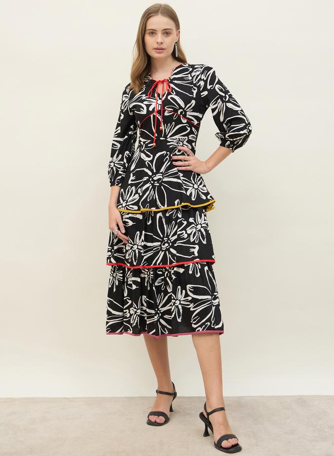 All Over Floral Print Tie-Up Neck Tiered Midi Dress