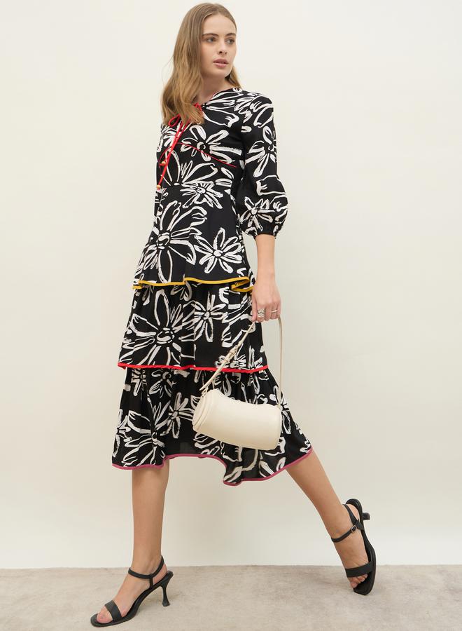 All Over Floral Print Tie-Up Neck Tiered Midi Dress