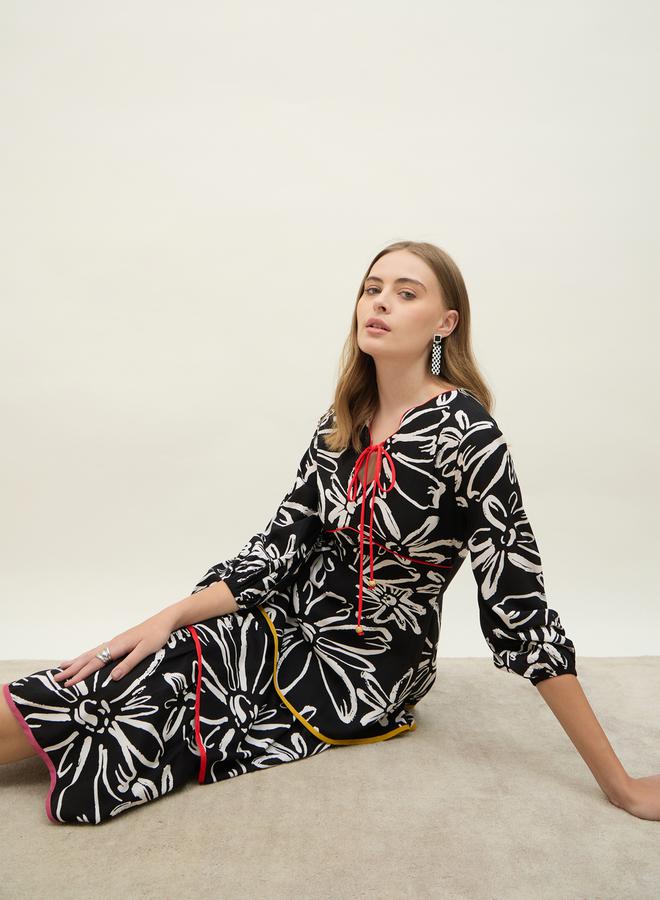All Over Floral Print Tie-Up Neck Tiered Midi Dress