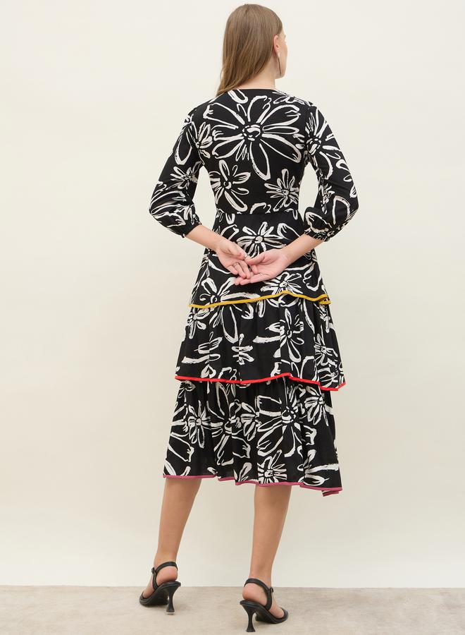 All Over Floral Print Tie-Up Neck Tiered Midi Dress