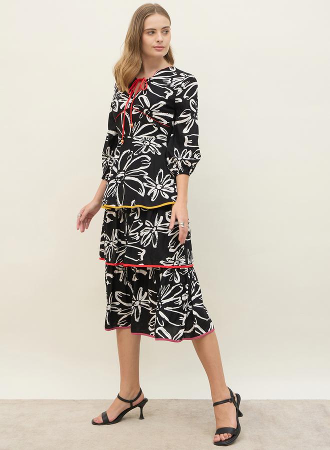 All Over Floral Print Tie-Up Neck Tiered Midi Dress