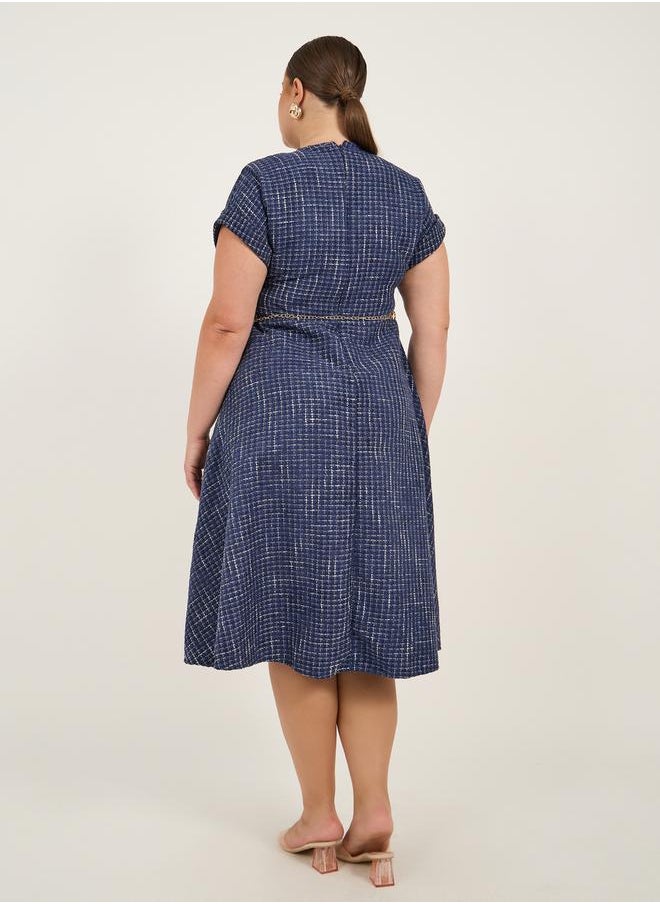Plus Size Short Sleeves A-Line Midi Dress with Chain Belt